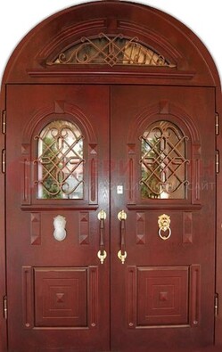 Стальная арочная дверь со стеклом и ковкой ДА-30 в дом из кирпича в Чебоксарах