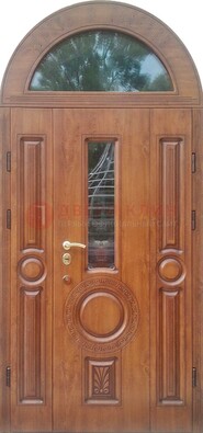 Двустворчатая железная дверь МДФ со стеклом в форме арки ДА-52 в Чебоксарах