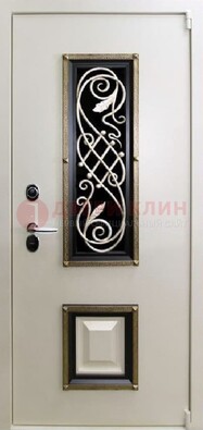 Белая стальная дверь с ковкой со стеклопакетом и МДФ ДК-30 в Чебоксарах