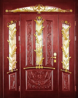 Бордовая железная парадная дверь со стеклом и ковкой ДПР-75 в Чебоксарах