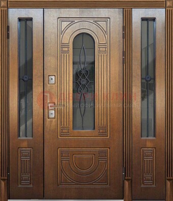 Коричневая стальная парадная дверь с фрамугой ДПР-84 в Чебоксарах