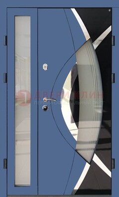 Синяя металлическая дверь со стеклом и узором ДС-13 в Чебоксарах