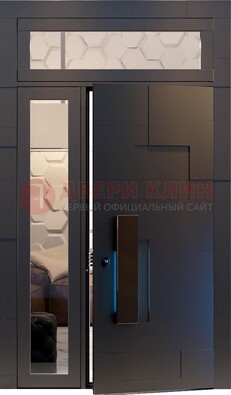 Чёрная двухстворчатая металлическая дверь со стеклом ДС-64 в Чебоксарах