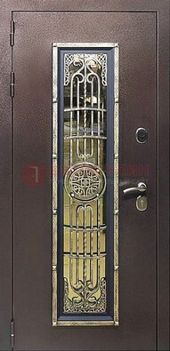Железная дверь цвета медный антик со стеклом и ковкой ДСК-105 в Чебоксарах