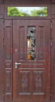 Коричневая железная дверь со стеклом и ковкой на улицу ДСК-127 в Егорьевске