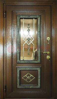 Теплая входная дверь со стеклом и ковкой разноцветной ДСК-13 в Чебоксарах