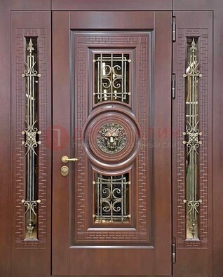 Коричневая стальная дверь со стеклом и ковкой ДСК-147 с фрамугами в Чебоксарах