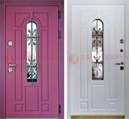 Розовая металлическая дверь со стеклом и ковкой ДСК-151 в Чебоксарах