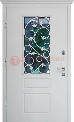 Белая металлическая дверь винорит со стеклом и ковкой ДСК-184 в Чебоксарах
