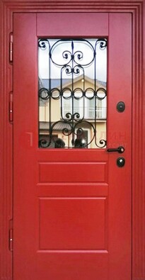 Красная железная дверь Винорит со стеклом и ковкой ДСК-205 в Чебоксарах