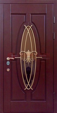 Бордовая стальная дверь Винорит со стеклом и ковкой ДСК-263 в Чебоксарах