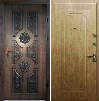 Железная коричневая дверь с виноритом и терморазрывом Золотой дуб внутри ДВТ-101 в Чебоксарах