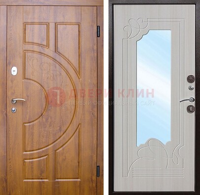Коричневая металлическая дверь c МДФ с узором и зеркалом ДЗ-105 в Чебоксарах