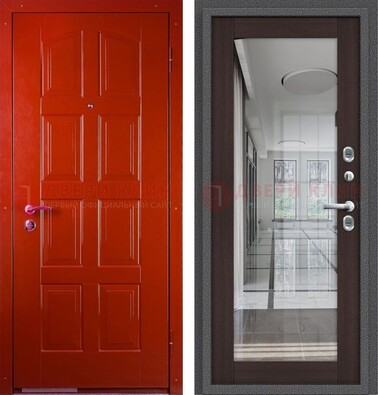 Красная металлическая дверь с МДФ и зеркалом ДЗ-136 в Чебоксарах