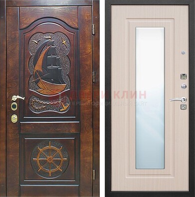 Темная дверь с резьбой и зеркалом внутри ДЗ-49 в Чебоксарах
