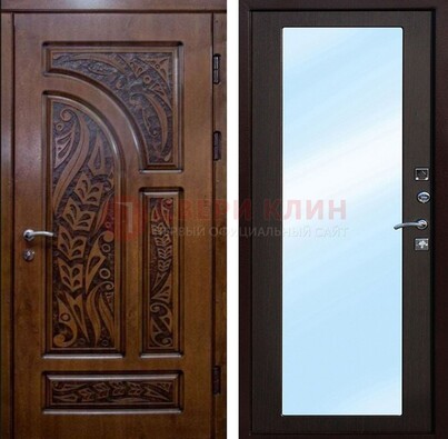 Коричневая входная дверь c узором и виноритом МДФ с зеркалом ДЗ-98 в Чебоксарах