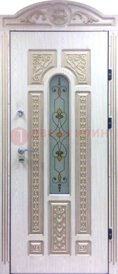 Белая железная дверь с МДФ и витражом ВЖ-26 в Чебоксарах