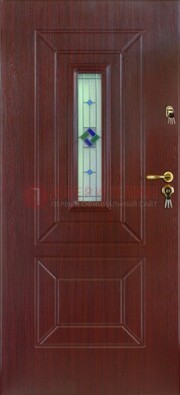 Бордовая железная дверь с витражом и отделкой массив ВЖ-3 в Чебоксарах