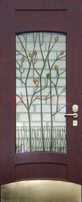 Бордовая стальная дверь с витражом и декоративным элементом ВЖ-3 в Севастополе